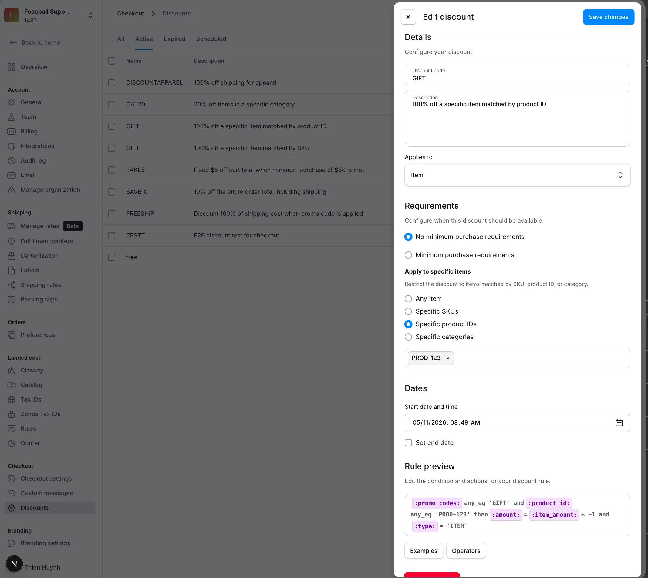 Edit discount slideover showing the discount builder, requirements, dates, and rule preview.